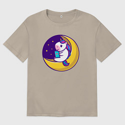 Футболка оверсайз мужская Единорог читает на луне, цвет: миндальный