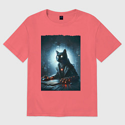 Мужская футболка оверсайз Кибер кот за компьютером - неоновое свечение