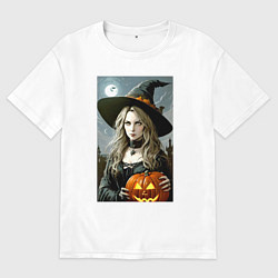 Мужская футболка оверсайз Ведьма держит тыкву - хэллоуин