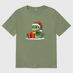 Футболка оверсайз мужская Новогодняя змея с подарком, цвет: авокадо