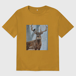 Мужская футболка оверсайз Олень и птица живопись