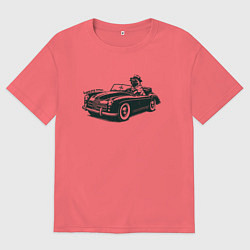 Футболка оверсайз мужская Мопс на ретро автомобиле, цвет: коралловый