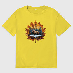 Футболка оверсайз мужская Медведь на кленовом листе, цвет: желтый