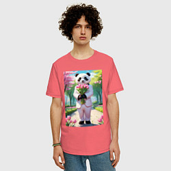 Футболка оверсайз мужская Панда с букетом тюльпанов, цвет: коралловый — фото 2