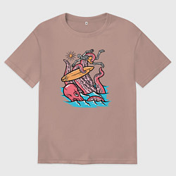 Футболка оверсайз мужская Осьминог напал на серфера, цвет: пыльно-розовый