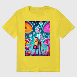 Футболка оверсайз мужская Морти сидит на грибе рядом с Риком, цвет: желтый