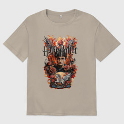Футболка оверсайз мужская Гарри Поттер на фоне феникса и пегаса, цвет: миндальный