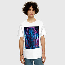 Футболка оверсайз мужская Девушка с наушниками в неоне, цвет: белый — фото 2