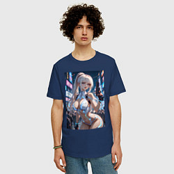 Футболка оверсайз мужская Девушка с пистолетом с киберимплантами, цвет: тёмно-синий — фото 2
