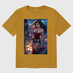 Футболка оверсайз мужская Чудо-женщина на крыше с городским фоном в стиле ко, цвет: горчичный