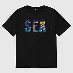 Футболка оверсайз мужская Парусник на морских волнах, цвет: черный