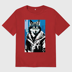 Футболка оверсайз мужская Волк в мегаполисе - нейроарт, цвет: красный