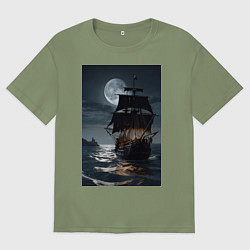 Футболка оверсайз мужская Пиратский корабль в шторм, цвет: авокадо