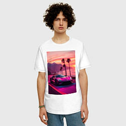 Футболка оверсайз мужская Суперкар едет около океана, цвет: белый — фото 2