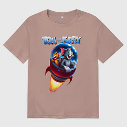 Футболка оверсайз мужская Том и Джерри - космическое приключение, цвет: пыльно-розовый