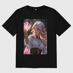Футболка оверсайз мужская Нежная эльфийка с магической сферой, цвет: черный