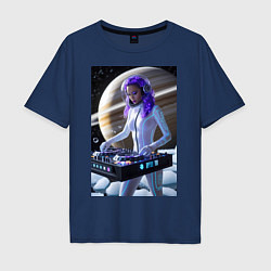 Мужская футболка оверсайз Девушка космо DJ на фоне сатурна