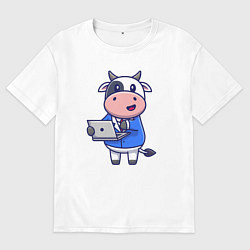 Футболка оверсайз мужская Коровка с ноутбуком, цвет: белый