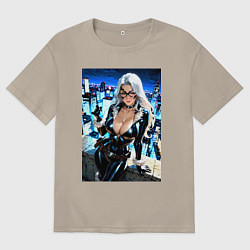 Мужская футболка оверсайз Черная кошка с брилиантом на крыше здания