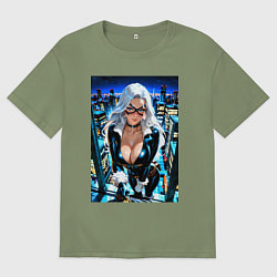 Мужская футболка оверсайз Черная кошка на крыше