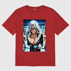 Футболка оверсайз мужская Черная кошка с брилиантом на крыше здания, цвет: красный