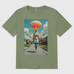 Мужская футболка оверсайз Девушка в костюме монашки уходит от взрыва