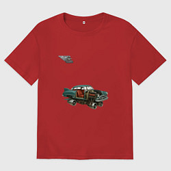 Футболка оверсайз мужская Летающий автомобиль, ретроутуризм, цвет: красный