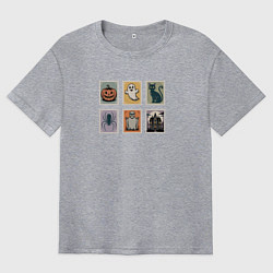 Футболка оверсайз мужская Символы Хэллоуина тыква привидение и черный кот, цвет: меланж