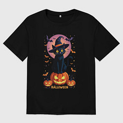 Футболка оверсайз мужская Halloween cat sits on pumpkin, цвет: черный