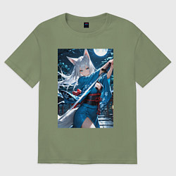 Футболка оверсайз мужская Лисица с катаной, цвет: авокадо