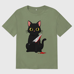 Футболка оверсайз мужская Черный кот с ножом, цвет: авокадо