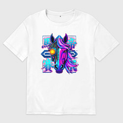 Мужская футболка оверсайз Киберпанк лошадь с неоновыми иероглифами