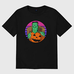 Футболка оверсайз мужская Франкенштейн с тыквой, цвет: черный