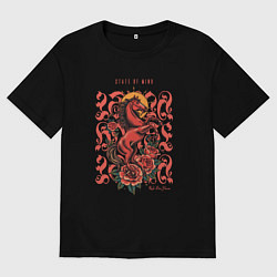 Футболка оверсайз мужская Красный огненный конь на закате с розами тату, цвет: черный