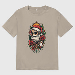Футболка оверсайз мужская Дед мороз в черных очках и олень, цвет: миндальный