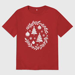 Футболка оверсайз мужская Зимний венок елки и шары, цвет: красный