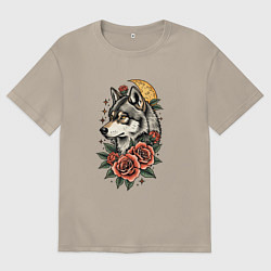 Мужская футболка оверсайз Волк на фоне луны в стиле татуировки