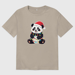 Мужская футболка оверсайз Новогодняя Панда в гирлянде