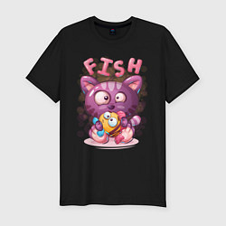 Мужская slim-футболка Котёнок милашка с рыбкой