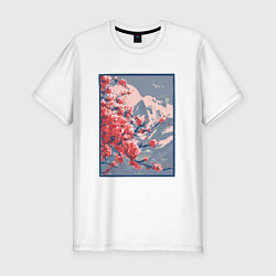 Мужская slim-футболка Цветение Сакуры на фоне Фудзи