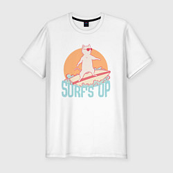 Футболка slim-fit Surfs Up Кот сёрфер на гребне волны, цвет: белый
