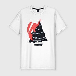 Футболка slim-fit Новогодний котик на елке, цвет: белый