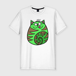 Футболка slim-fit Зеленый круглый кот, цвет: белый