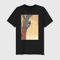 Футболка slim-fit Great Spotted Woodpecker in Tree with Red Ivy, цвет: черный