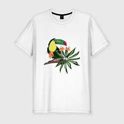 Футболка slim-fit Птица тукан с цветами и листьями, цвет: белый