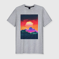 Мужская slim-футболка Синтвейв горы на закате