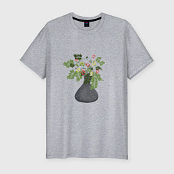 Мужская slim-футболка Букет цветов в серой вазе