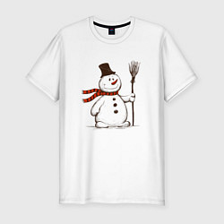 Футболка slim-fit Новогодний снеговик с метлой, цвет: белый