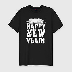 Футболка slim-fit Happy new year - кошечка, цвет: черный