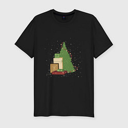 Мужская slim-футболка Новогодняя елка с горой подарков
